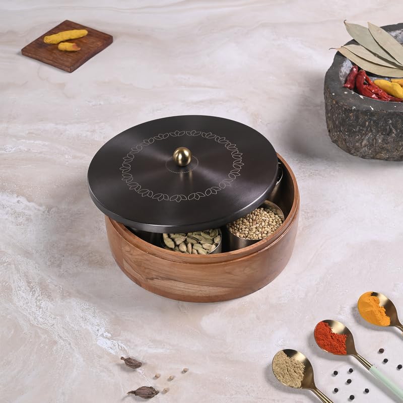 Image of Wooden Masala Box for Kitchen - 7 Stainless Steel Jars with Wooden Spoon | Stainless Steel Brass Lid with Knob | Multipurpose Dry Fruit & Spice Storage - GunMetal (Lotus Bloom Laser Etching)
