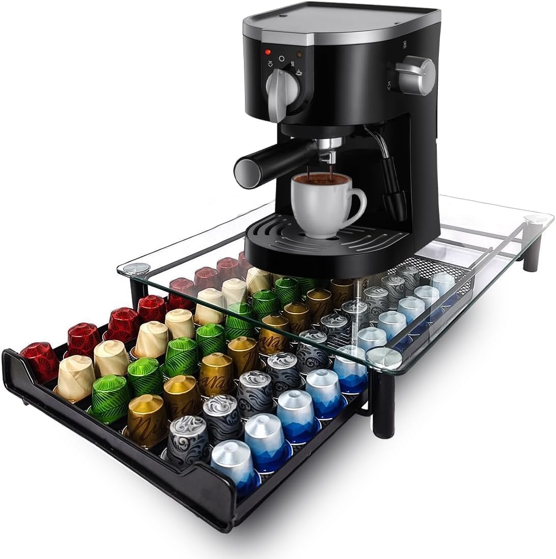 Dovakiss Coffee Capsule Storage Drawer, Pod Holder K Cup 60 Capacity Pod Coffee Capsules Organizer with Sliding Baskets Coffee Stand Holder Coffee Storage Station for Countertop Office Home Kitchen