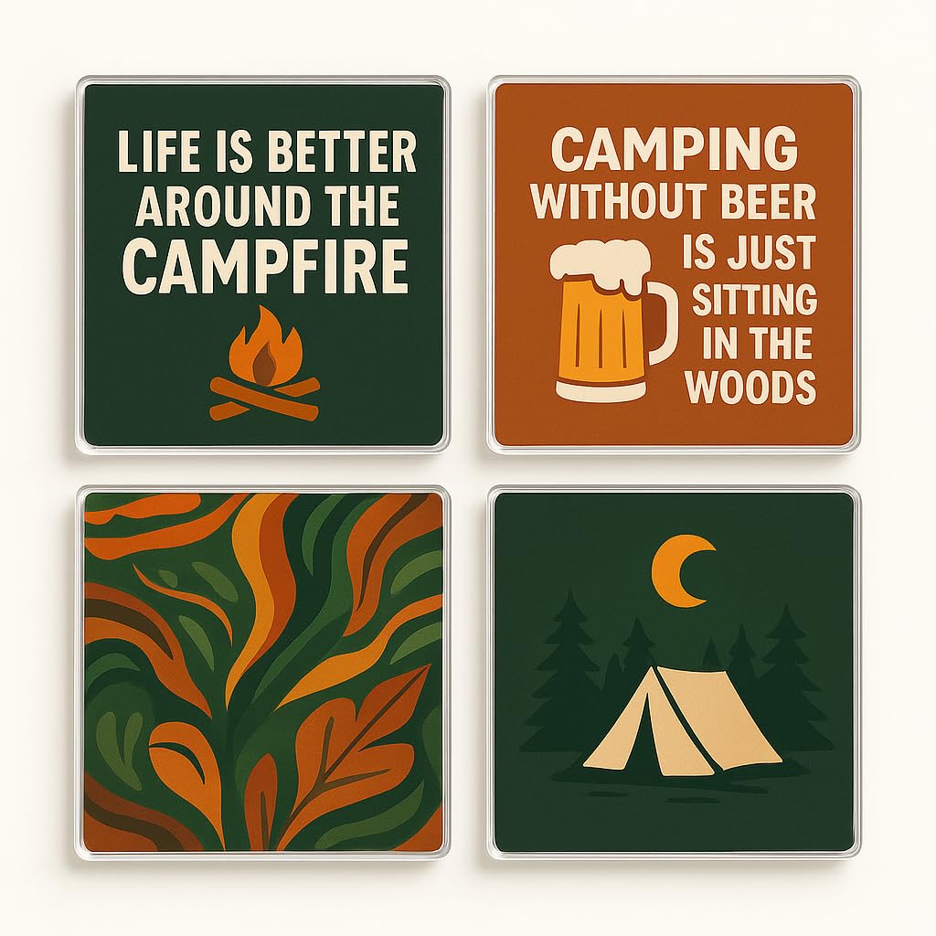 The Plum Penguin Campfire Joy Acrylic Coaster Set Of 4 With Quotes - Humorous Camping Lover Gift For Home Decor And Outdoor Enthusiasts