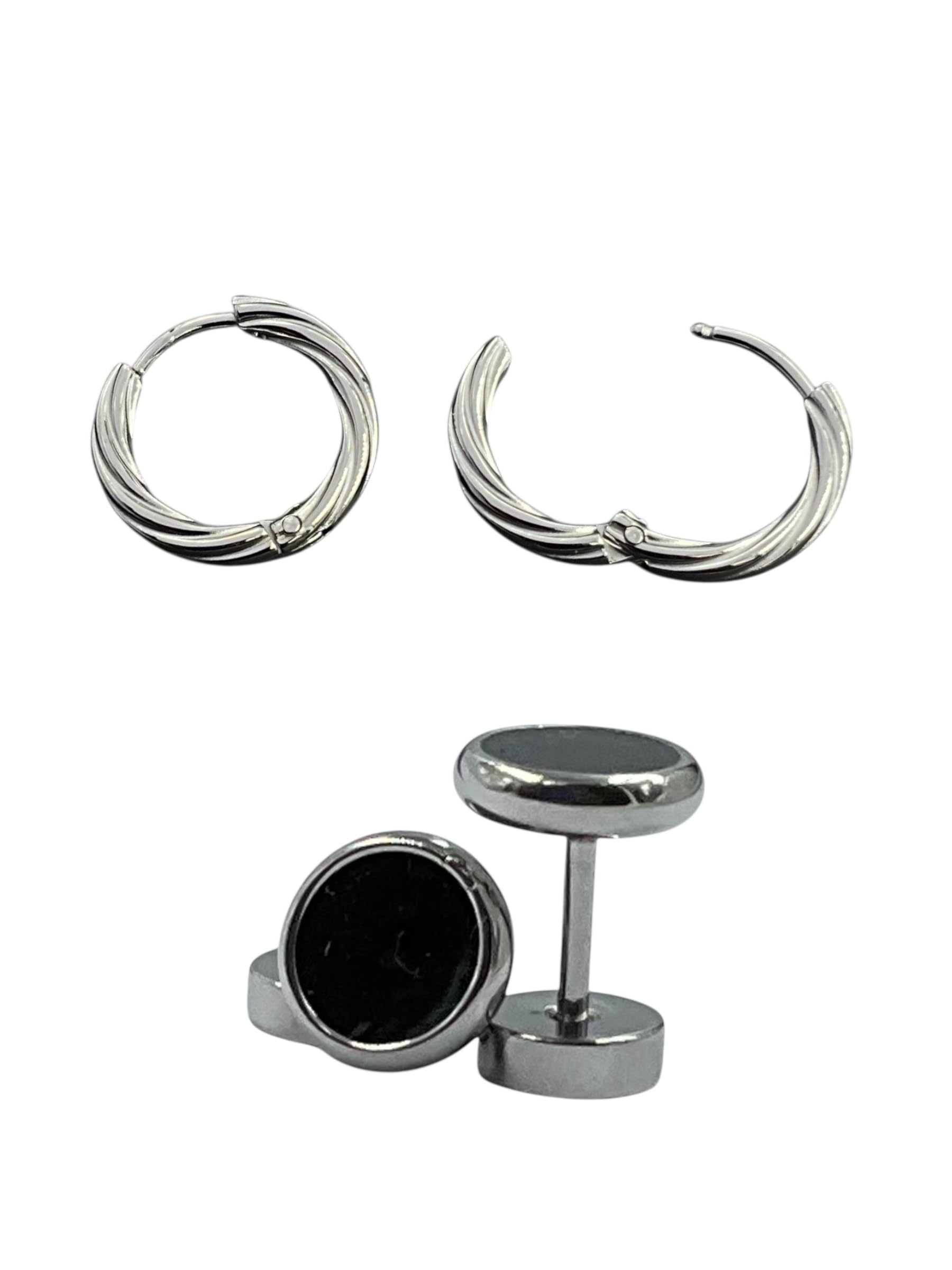 Silver Twisted Hoop Earrings and Black Onyx Cufflinks Set, Classic Round Design-image-34