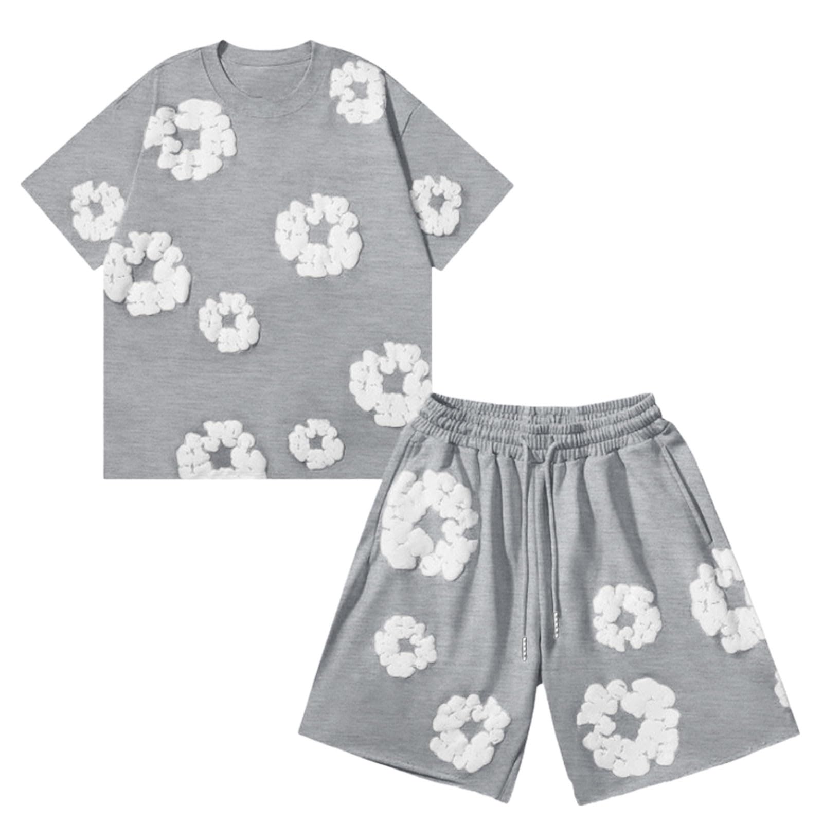 Men Women Tracksuit Set Casual Oversized Short Sleeves Tops and Shorts Vintage Kapok Printed Hip Hop Streewear — view 3