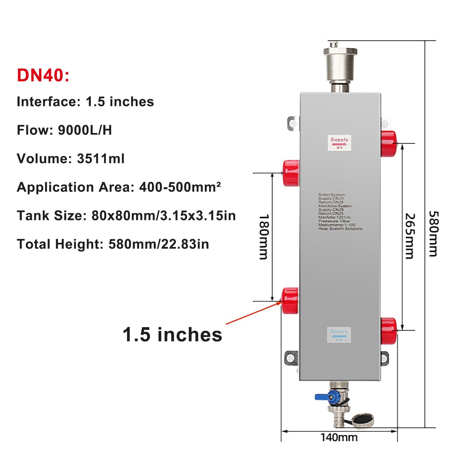 Separatore idronico in acciaio inox, kit collettore per riscaldamento a pavimento radiante a parete con manometro e termometro, serbatoio di disaccoppiamento per caldaia a muro(DN40)