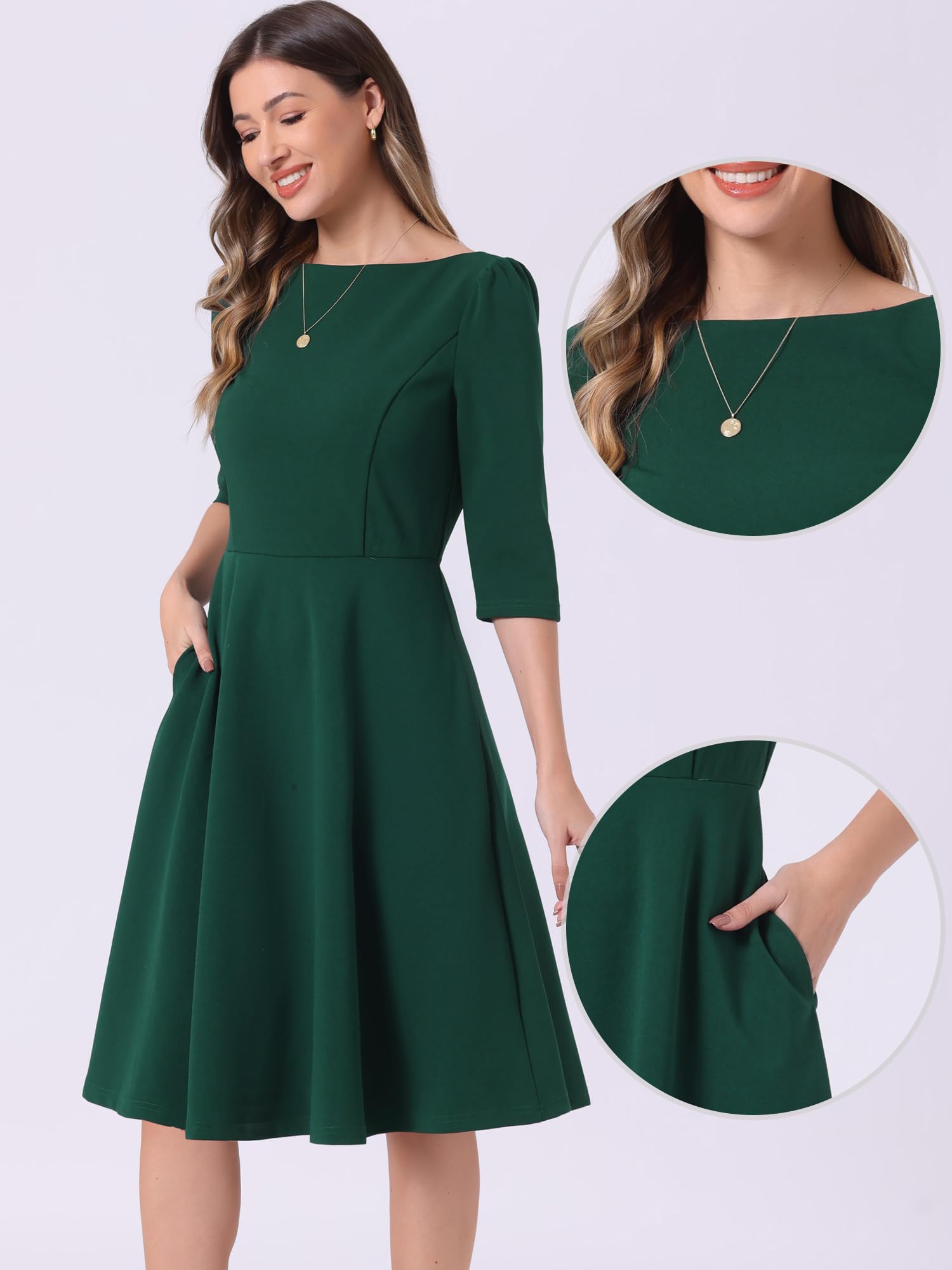 Allegra K Wear to Work Dress for Women's Boat Neck Short Sleeves Midi Flared Office Dresses