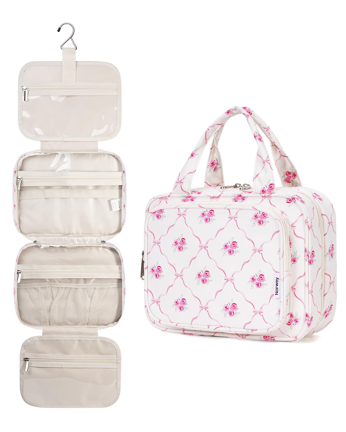 Narwey Kulturtasche Damen Kulturbeutel zum Aufhängen Waschtasche Gross Kosmetiktasche Groß Waschbeutel Kosmetik-Organizer für Damen Mädche (Rosa Schleife (Medium))