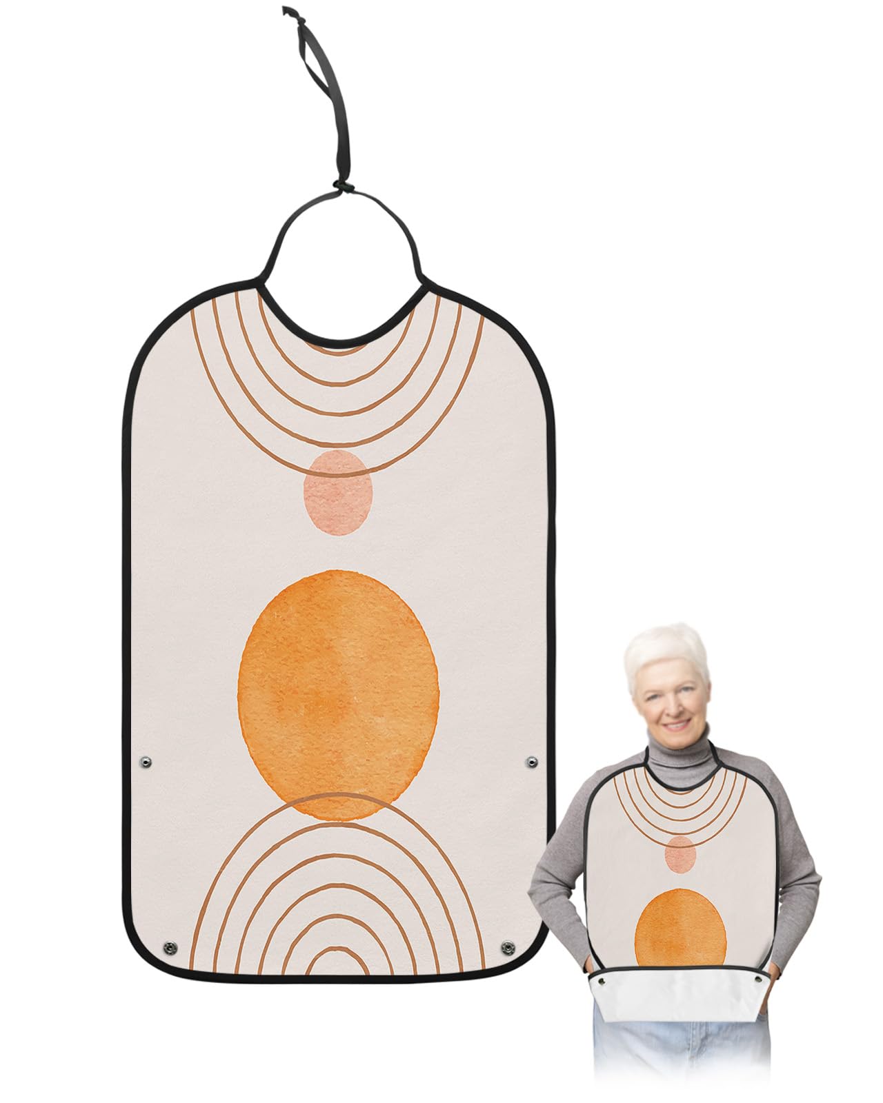 Contour Geometric Adult Bibs for Eating, Waterproof Bibs with Food Catcher & Adjustable Snap Closure, Orange Round Modern Simple Art Washable Clothing Protectors Adult Bibs for Elderly Women/Men