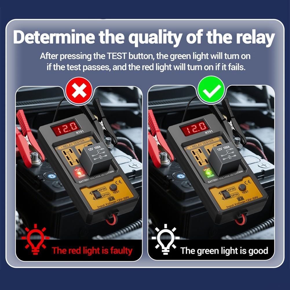 RT01 Testeur de relais automobile, analyseur de relais pour systèmes 12 V et 24 V, testeur de batterie de voiture, capteur de circuit de moto avec affichage numérique (RT01-BF01)