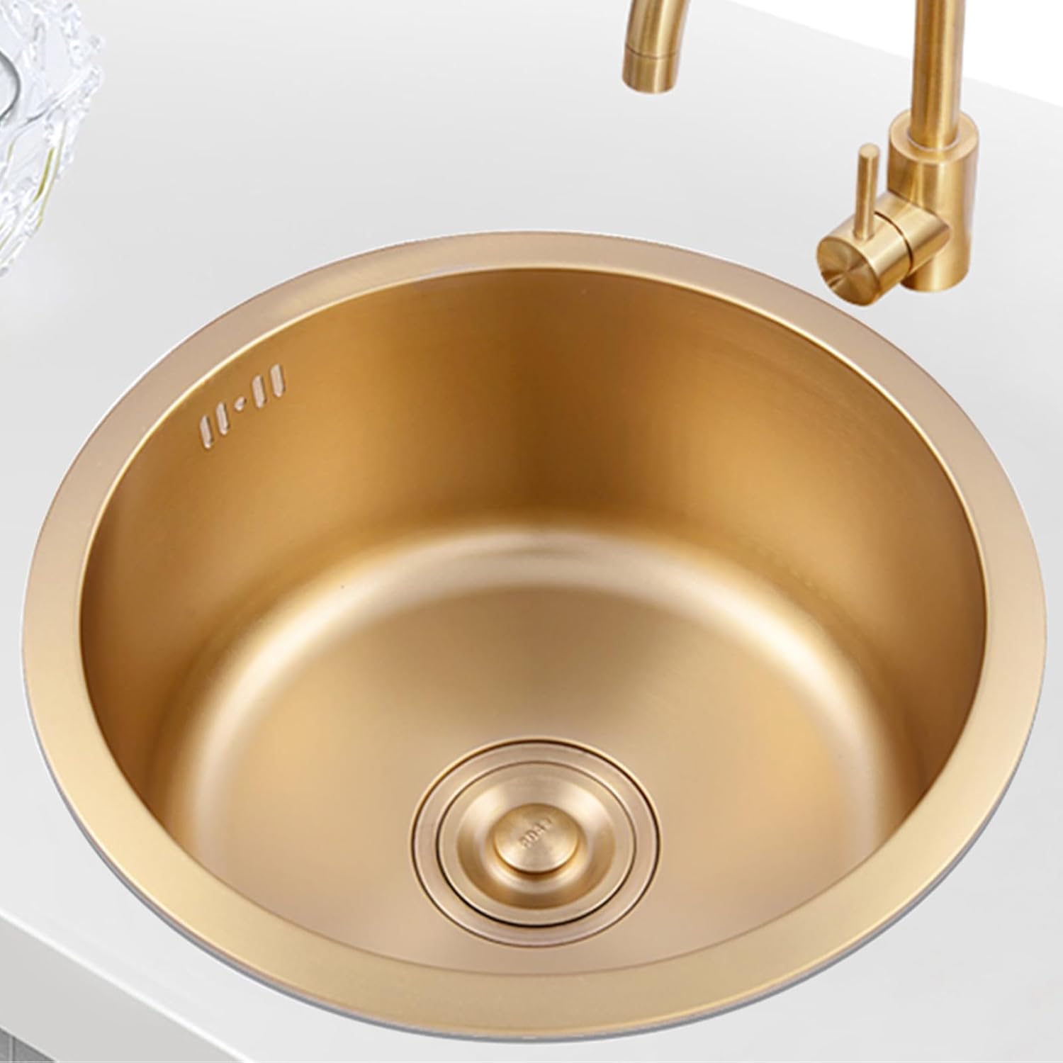 12.6 Inch Gold Round Bar Prep Sink - Single Bowl Countertop, 304 Stainless Steel, RV Sink With Drain Pipe, Drop-In or Undermount Gold 12.6 Inch Round