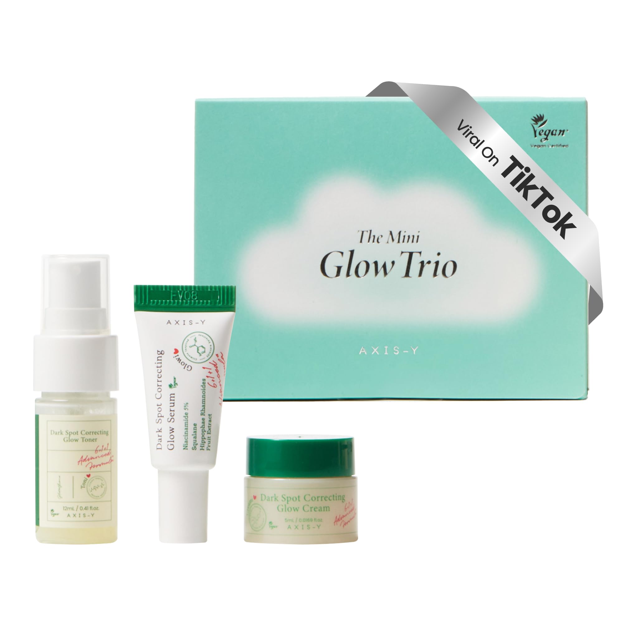 The Mini Glow Trio - Dark spot correcting glow serum - Dark spot correcting glow toner - Dark spot correcting glow cream - Stickers