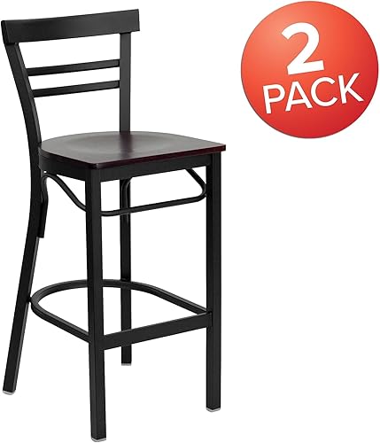 Miniatura 9 de Flash Furniture HERCULES Series - Taburete de bar de metal con respaldo de escalera de dos listones color negro - Asiento de madera de cerezo