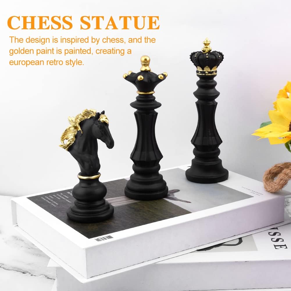 EMVANV 3pcs Small Chess Statue Decor Set, Resin Figurine Chess Piece King + Queen + Knight Set for Office, Home, Study (Black)