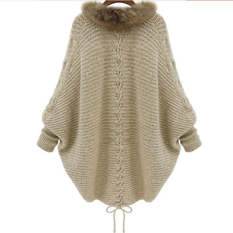 HGps8w Women's Elegant Faux Fur Collar Open Front Poncho Cape Fall Winter Batwing Sleeve Cable Knit Cardigan Sweater4