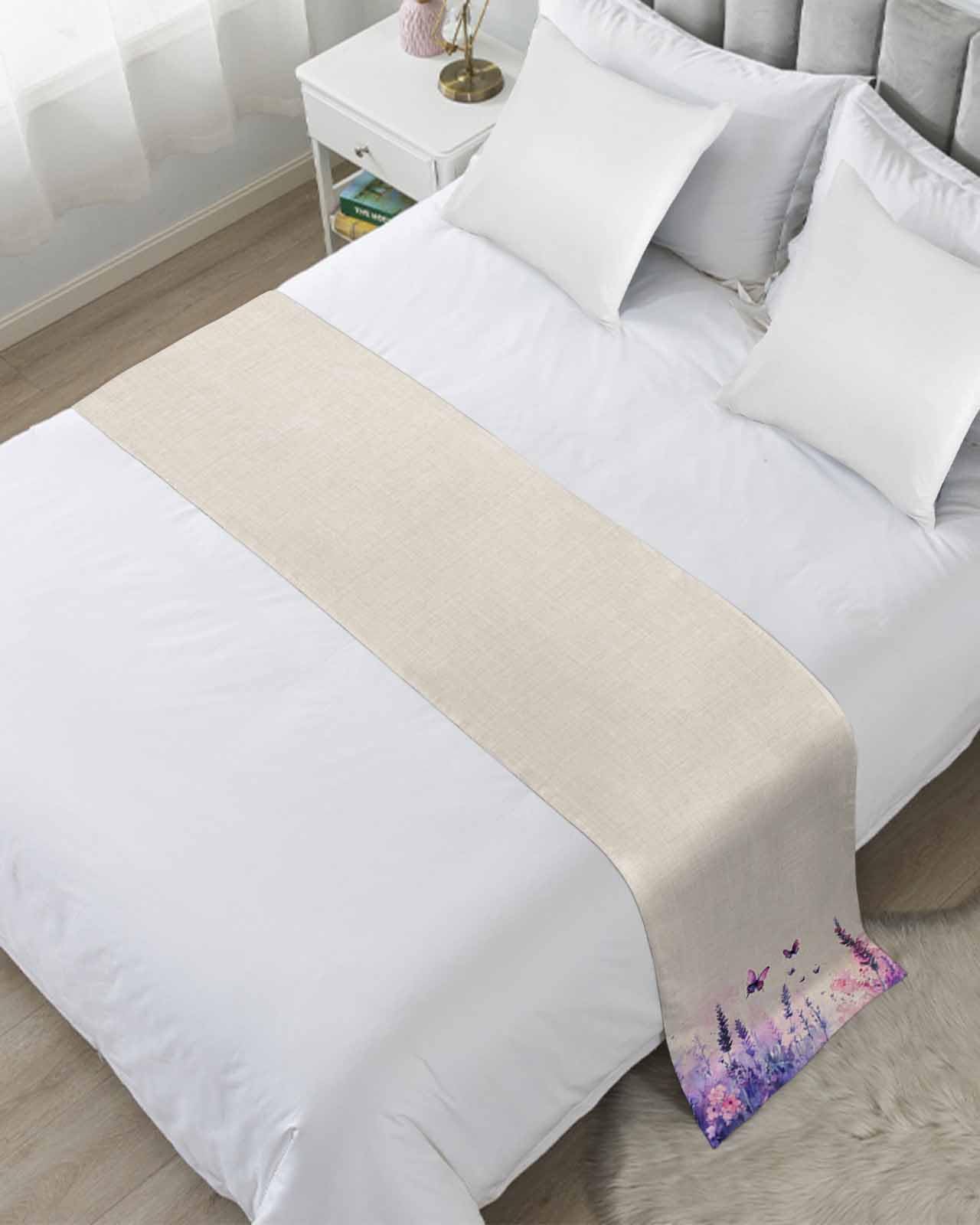 Spring Lavender Bed Runner for Twin Size, Butterfly Purple Farmhouse Floral Leaf Bedspread Protector Slipcover Bed Scarf for Foot Runners & Scarves for Bedroom Hotel Wedding Room 71x20 Inches