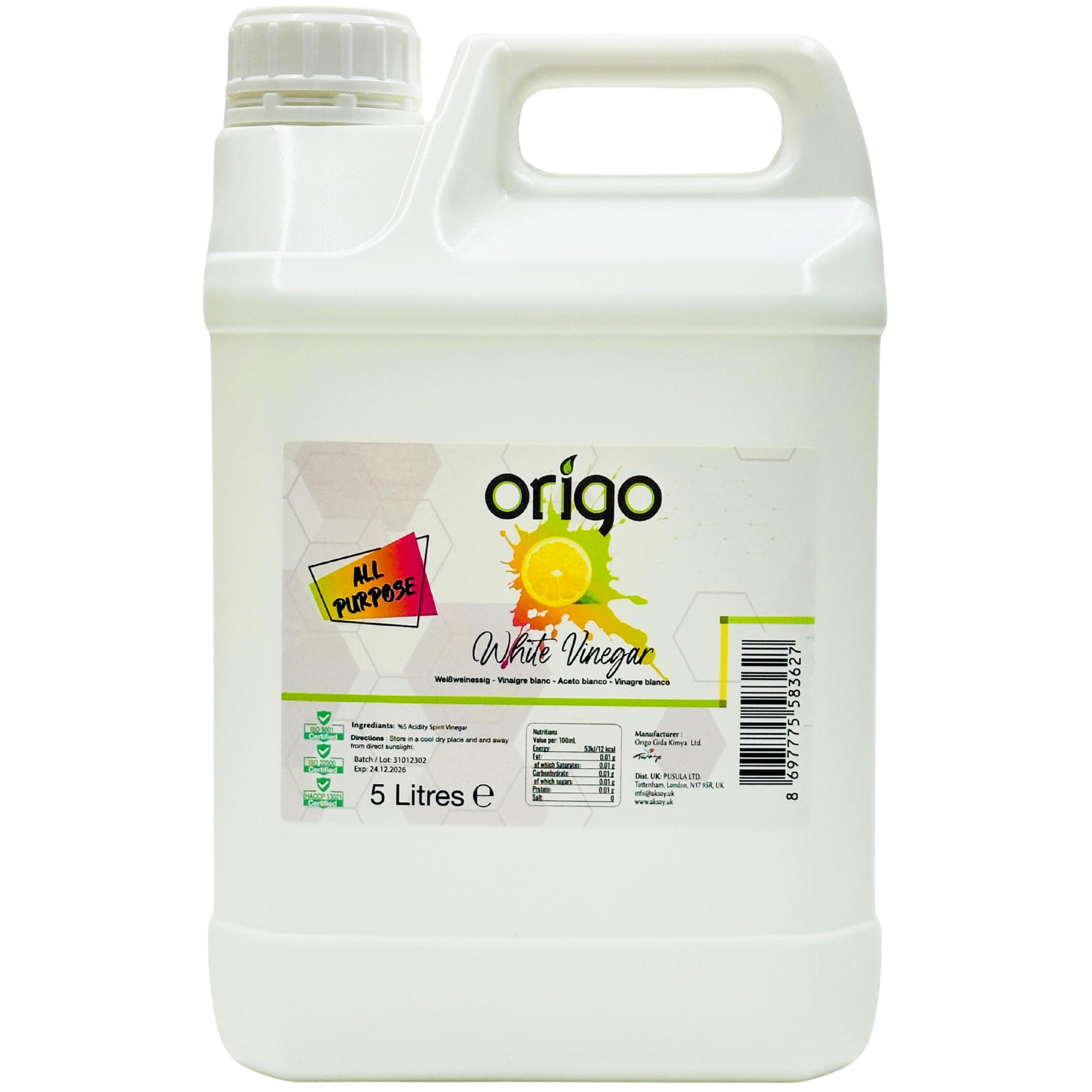 Origo White Vinegar for Cleaning, Pickling, Distilled White Vinegar - 5L Bottle with Fresh Lemon Scent | Ideal for Weed Killer, Household, Cooking & More Uses