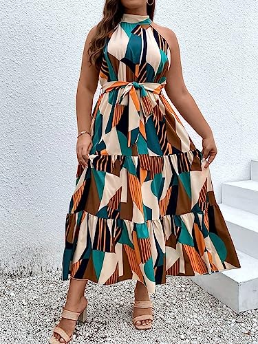 Image of Floerns Women's Plus Size Boho Sleeveless Halter Neck Tie Back A Line Long Dress