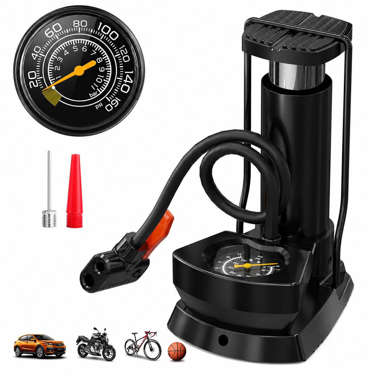 Portable High Pressure Foot Air Pump with Heavy Compressor Cylinder & Pressure Gauge for Bicycle, Car, Motorbike, Football, and Tubeless Tyres | Durable Floor Cycle Pump – Black (Cycle & Bike)-picture-19