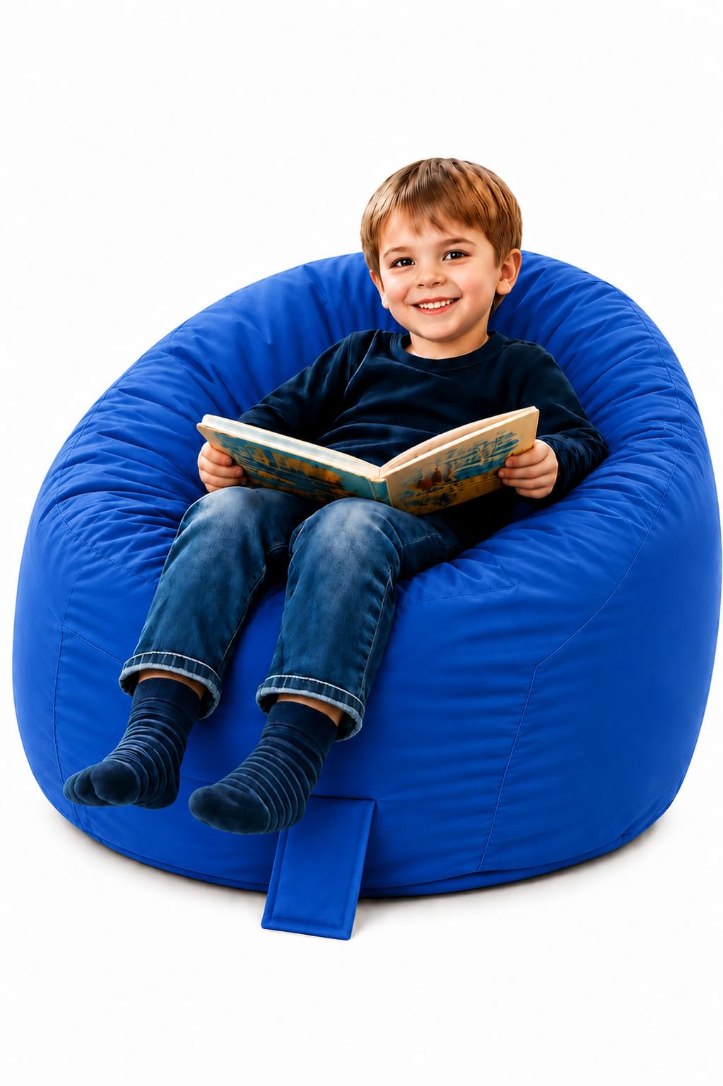 MaxiBean Children's Round Bean Bag Chair, Waterproof Indoor Outdoor Kids Gaming & Reading Seat, Ready Filled, Water Resistant Polyester, Made in UK, 55 x 55 x 60cm, (BLUE)