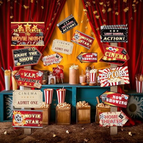 Image of Hooqict 20 Pieces Movie Night Decorations Movie Themed Party Directional Signs for Cinema Welcome Now Showing Theater Film Birthday Party Decorations Supplies