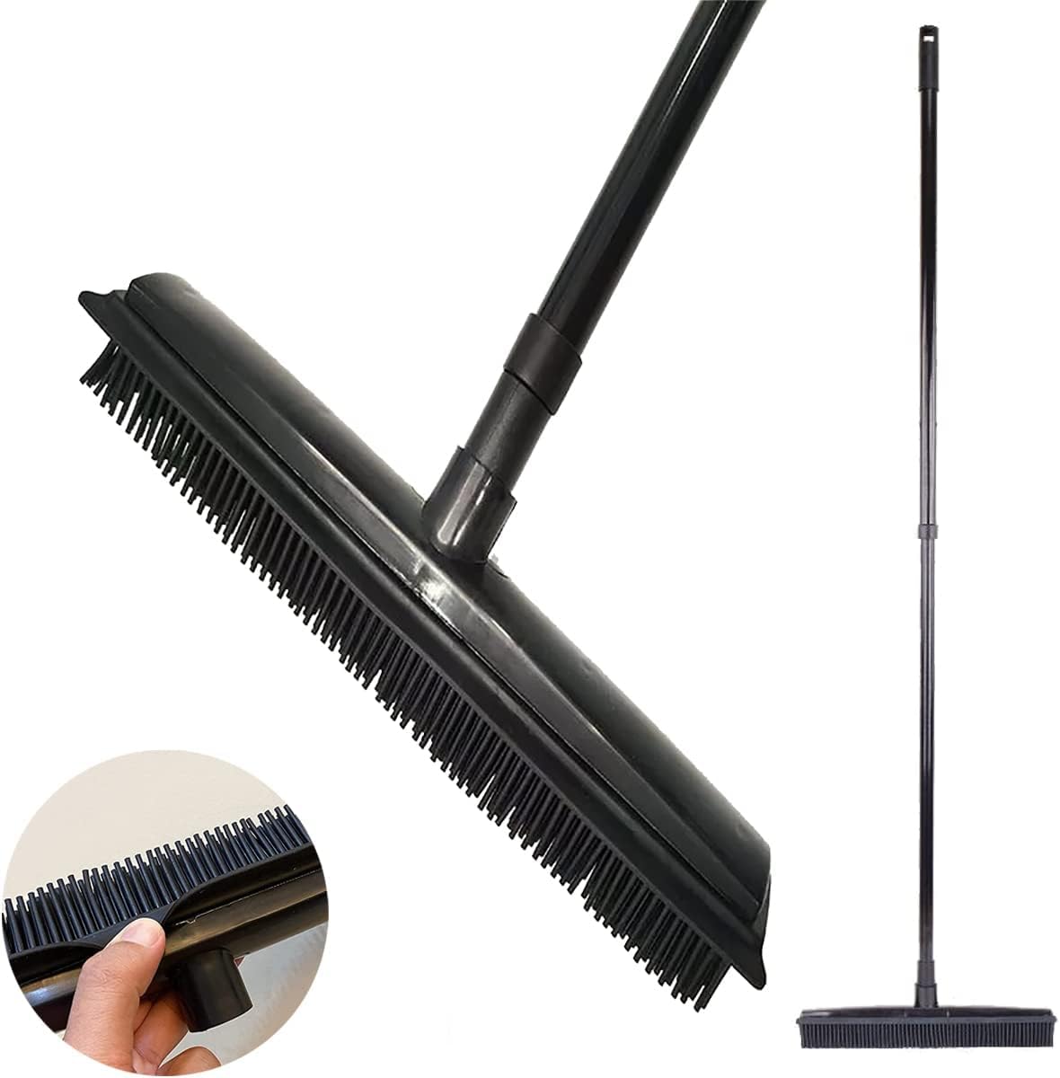 blueland 2in1 Floor Brush and Rubber Broom Carpet Rake Pet Cat Dog Hair Remover with 48in Long Handle for Hardwood Tile Floor Sweeper (Black)
