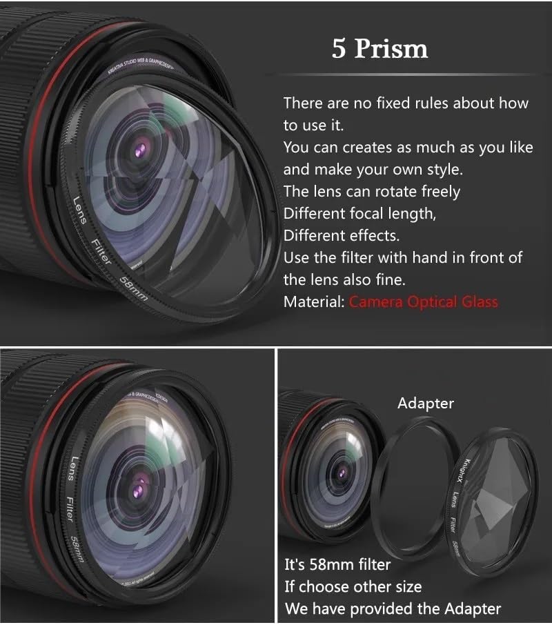 52/55/58/62/67/77mm Camera Filter Kaleidoscope Special Effects Photography Accessories SLR Lens Prism 5 Prism(Add 52mm Adapter)