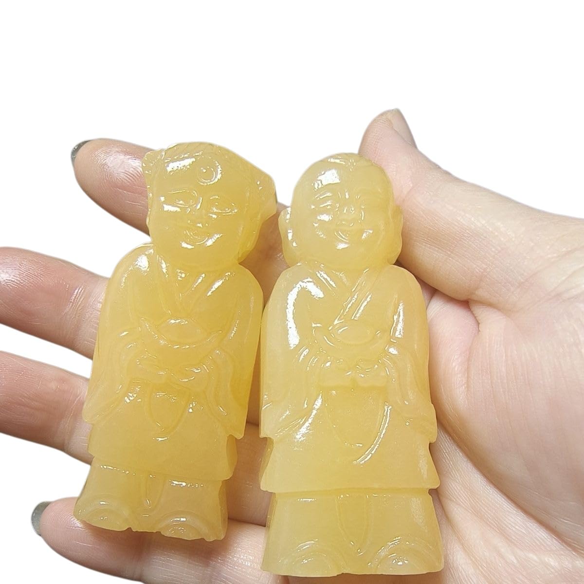 Huolimxun Natural Yellow Jade Golden Boy & Jade Girl Statue Pair, Feng Shui Wealth Deity Figurines, Hand-Carved Good Luck Ornament