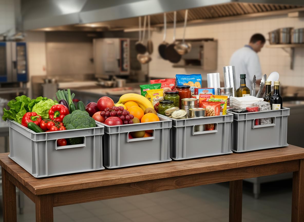 1a-TopStore 4 Stk. Euroboxen EB-417, grau, 40x30x17,5 cm (LxBxH), grau, Volumen: 16,5 Liter, lebensmittelecht, 2 Grifföffnungen