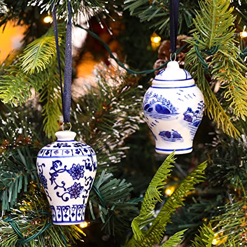 8 Pcs Christmas Mini Ginger Jar Ornaments Chinoiserie Porcelain Hanging Ornaments Ceramic Christmas Ornaments Blue And White Christmas Tree Decorations Christmas Hanging Pendant (Vintage Style) #TOP1