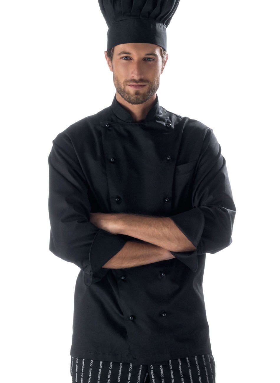 Completo da Cuoco - Giacca Slim, Pantalone Nero o Gessato, Cappello con Velcro, Grembiule Senza Pettorina, Ideale per Corsi, Scuola, Lavoro