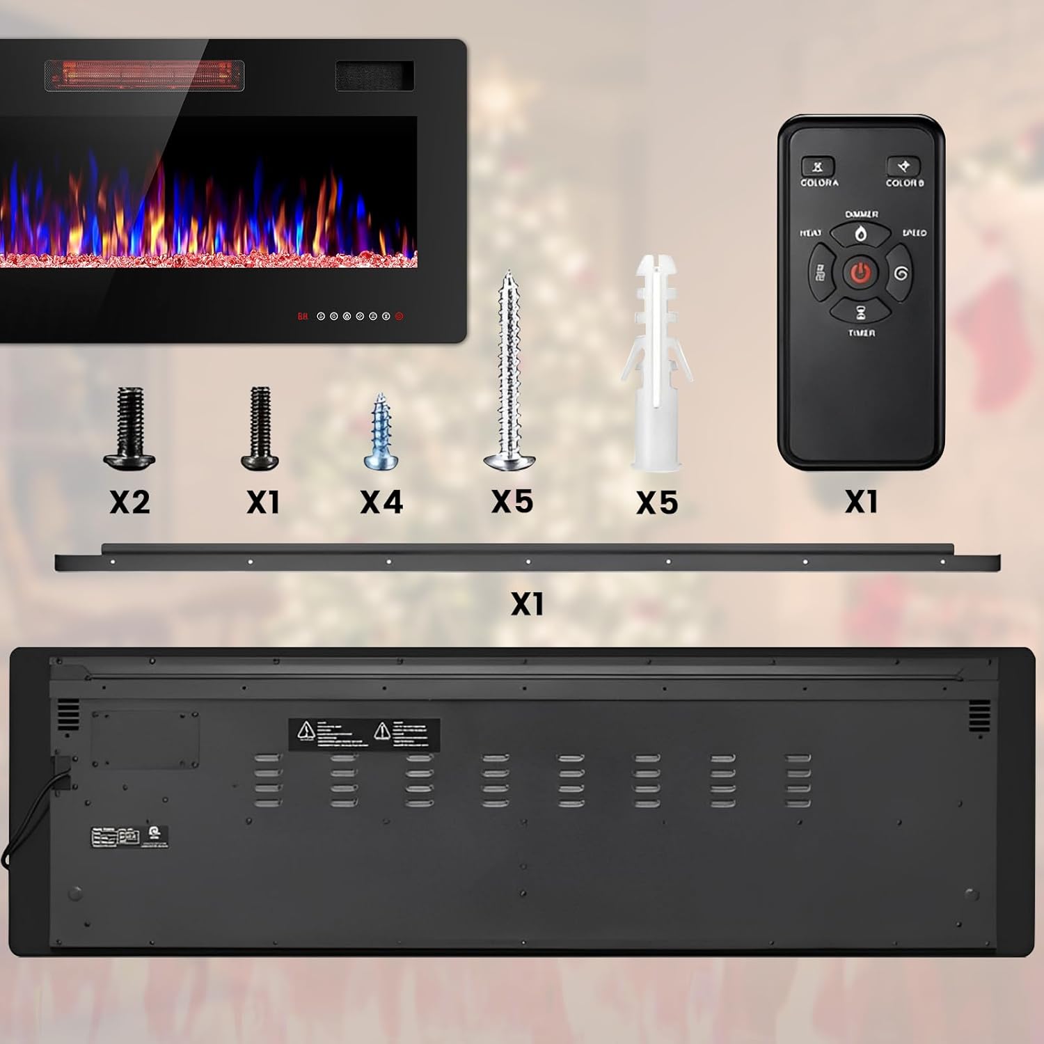 Electactic Electric Fireplace 36 inch, Recessed and Wall Mounted Electric Fireplace with Remote Control, Fireplace Heater, Linear Fireplace with Timer, Adjustable Flame Color, 750w/1500w, Black