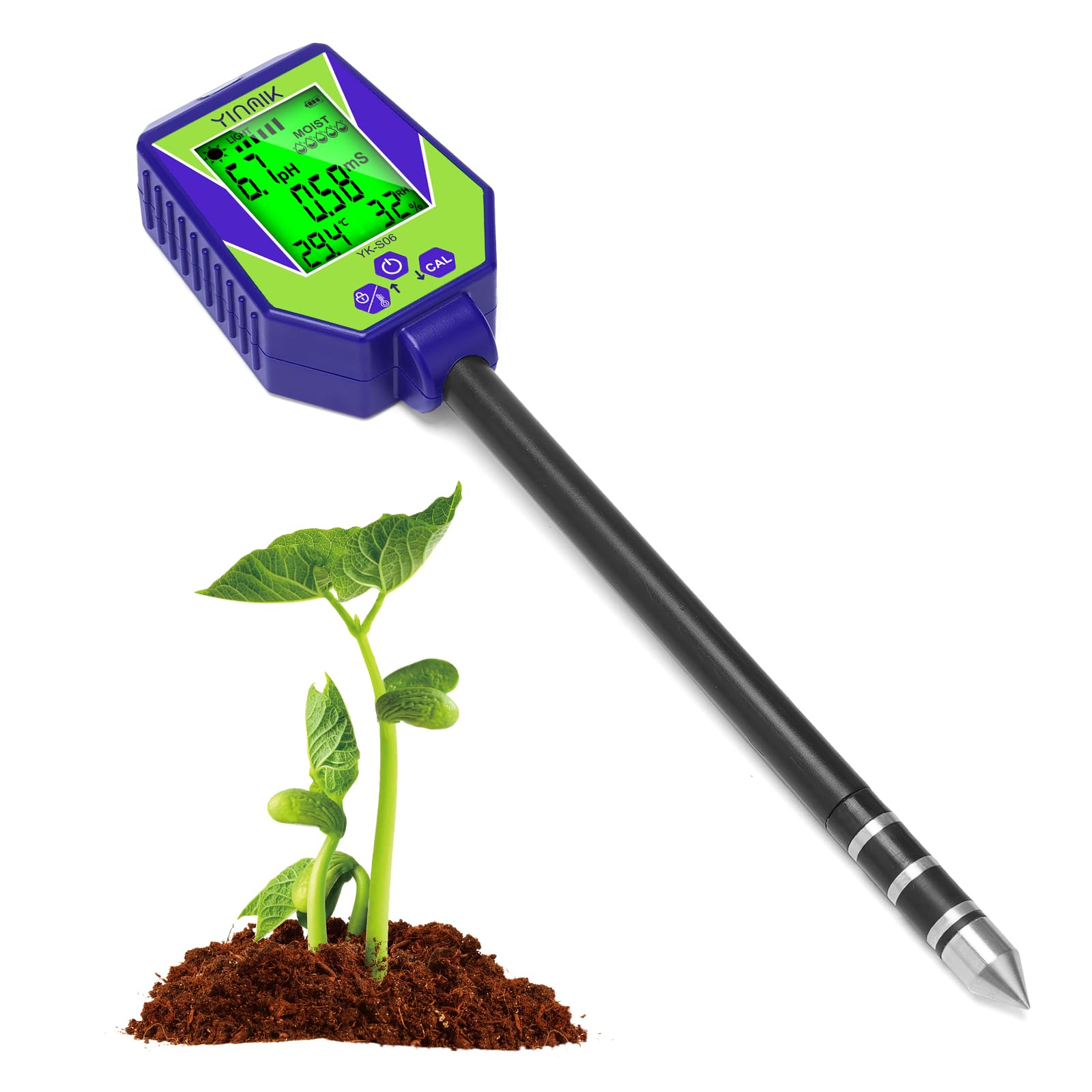 YINMIK Medidor de pH del suelo 6 en 1, medidor inteligente de humedad, conductividad y salinidad, y analizador de calidad del agua. Kit de prueba de pH del suelo ideal para jardines, granjas y bonsáis