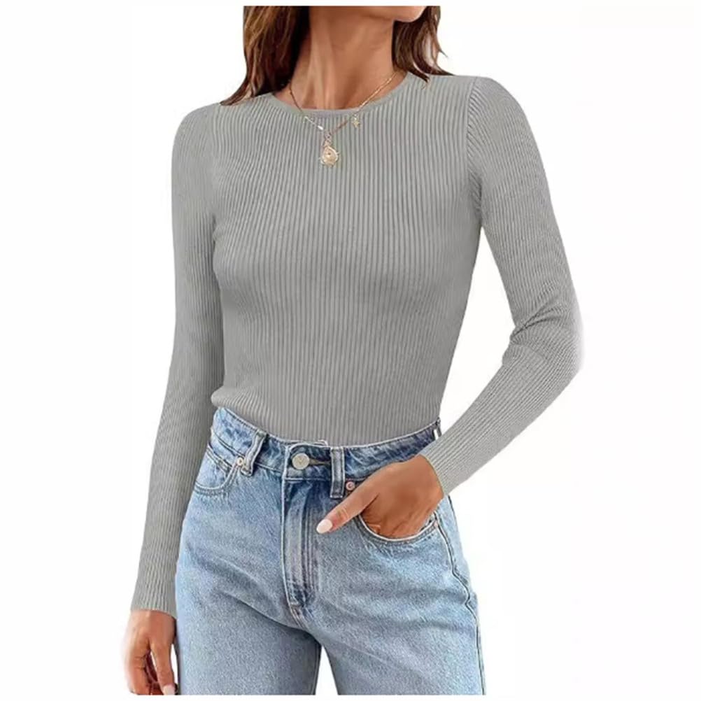 Camiseta Interior térmica de Cuello Redondo, Suave y cómoda, Mangas largas, Camiseta Interior térmica para Mujer de Manga Larga,Gris,S