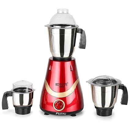 MasterClass Sanyo NECKLACE 1000 Watts 2 Years Warranty Mixer & Grinder with Heavy 3 Stainless Steel Jars (1 Wet Jar, 1 Dry Jar and 1 Chutney Jar), RED-GOLD.Since 1984 Manufacturing, Marketing & Servicing.