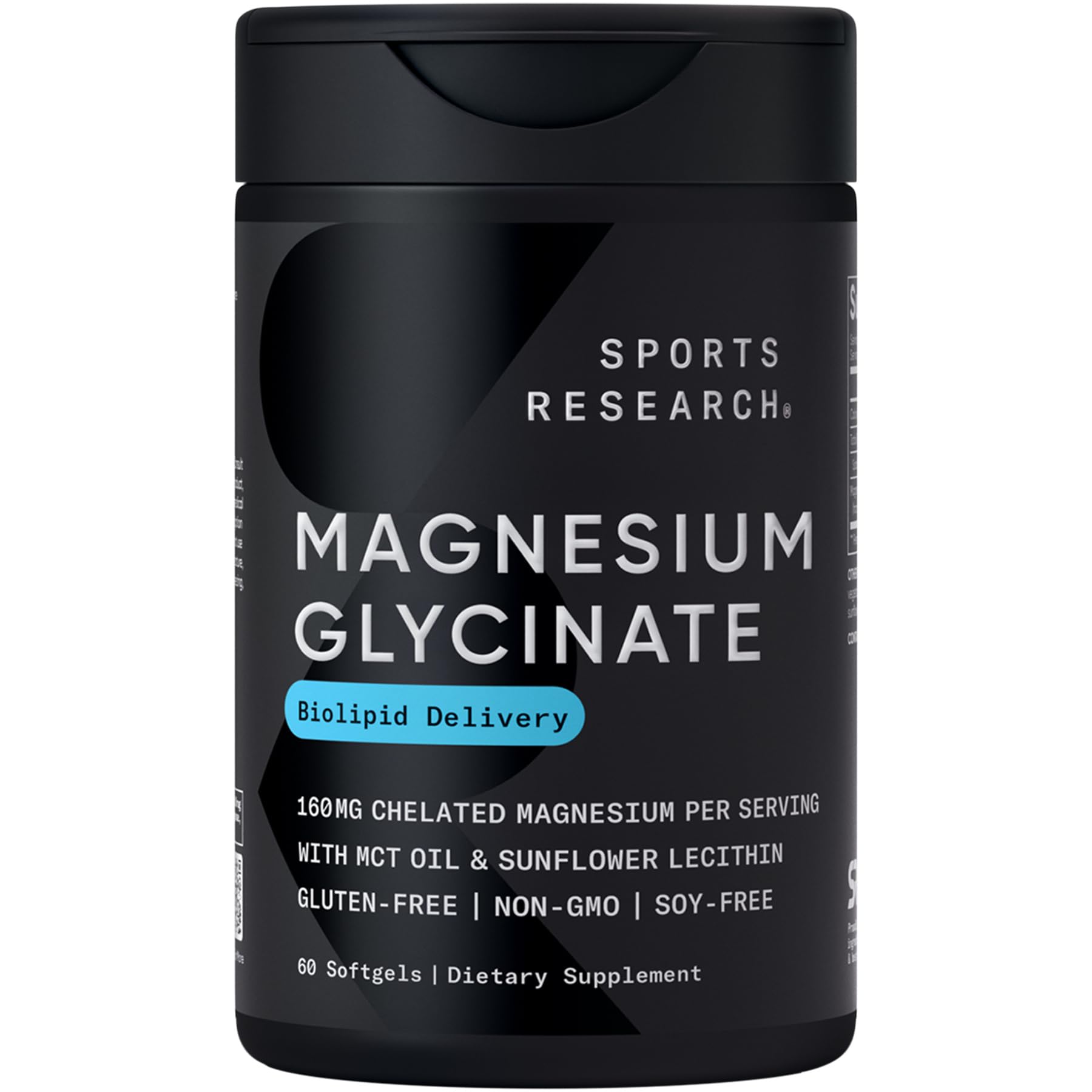 Sports Research Magnesium Glycinate - Supports Restful Sleep & Enzymatic Processes - 160 mg Chelated Magnesium - Liquid Softgel - 60 Count