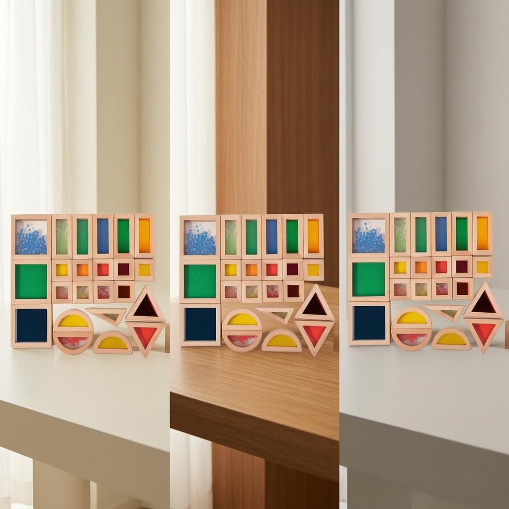Kinder Bausteine Holzbausteine Acrylblöcke Konstruktionsspielzeug Steckbausteine aus Buchenholz mit Transparenten Fenstern für Hand-Auge-koordination, 23-teilige Acryl-Sensorik-Bausteine