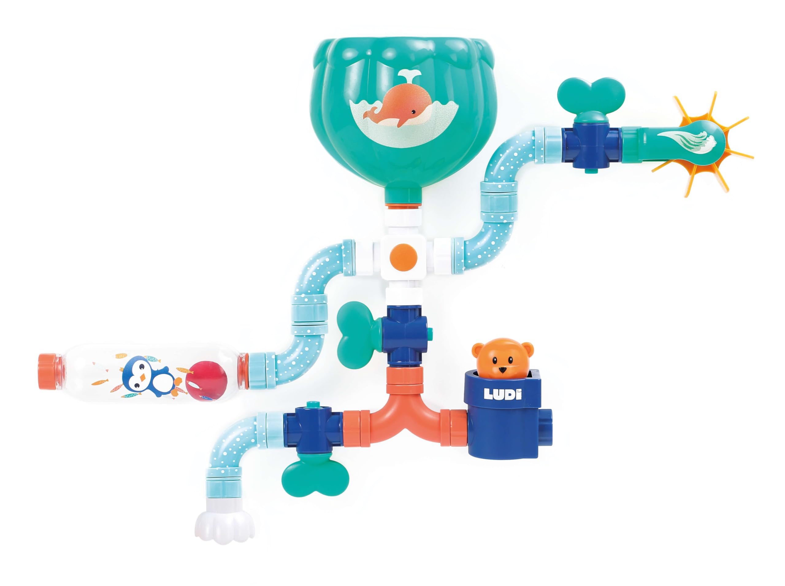 Ludi - Tuyaux d'eau XXL - Jeu De Construction Aquatique - Grand Circuit - Dès 18 Mois - pour Occuper Bébé Pendant Son Bain - Imagination Et Dextérité - 16 Pièces Interchangeables - Fixation Ventouse
