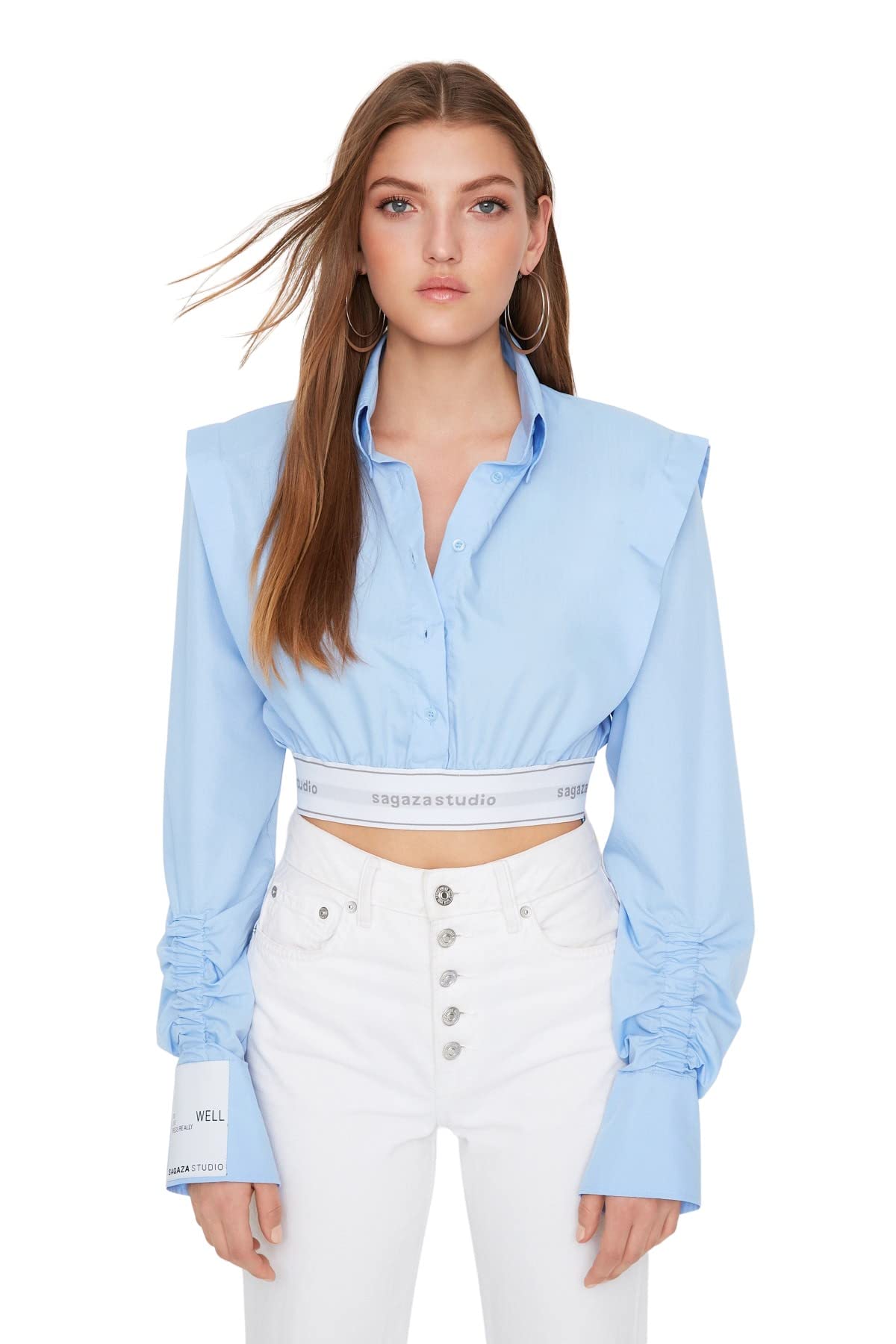 Trendyol Women's Regular fit Basic Collar Woven Shirt, Light Blue, 42