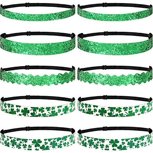 10 Pieces St. Patrick's Day Headbands Green Shamrock Elastic Irish Hairbands Glittery Hair Party Decoration for Women Girls