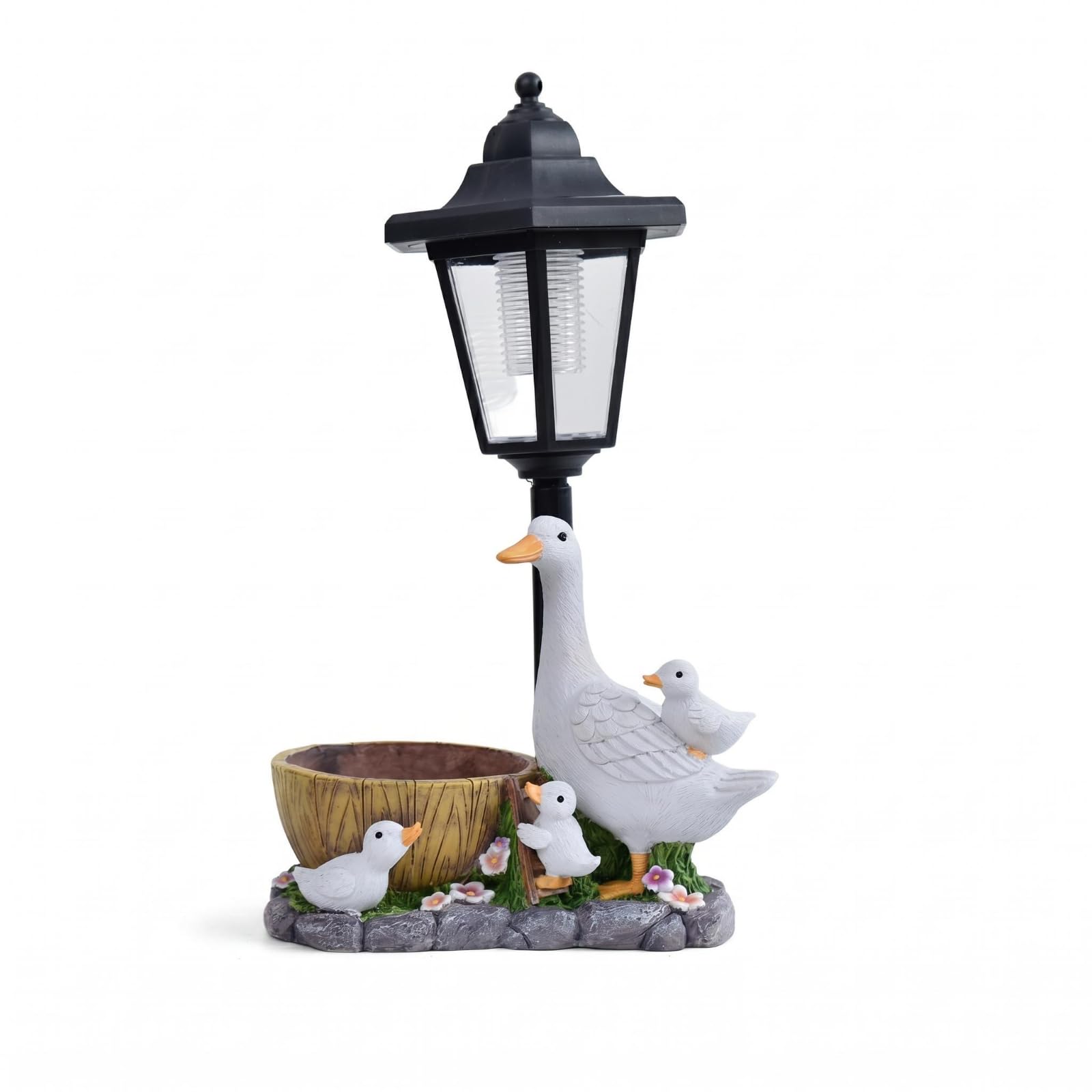 Resin Solar Garden Lantern Clear Panels Hexagonal Lantern Ornament Black Finish Creature Themed Base Ornament for Patio, Hex Pot Duck-image-19