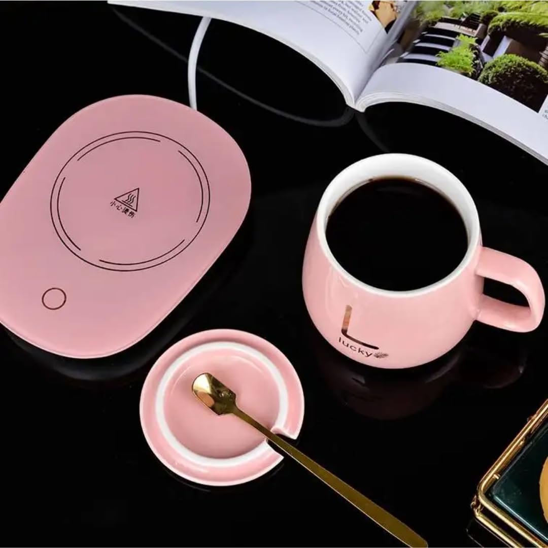 Coffee Mug Warmer for Desk Electric Beverage for Cocoa Tea Water Milk Warm, Cup and Spoon with Hot Plate 55 degrees Celsius Automatic Constant Ceramic Coffee Cup USB Heating Milk Coffee Cup (pink)
