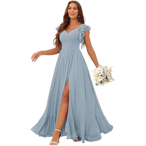 Clothfun Women's Ruffle Sleeves Bridesmaid Dresses Long A Line Chiffon Formal Party Dress with Pockets CY137