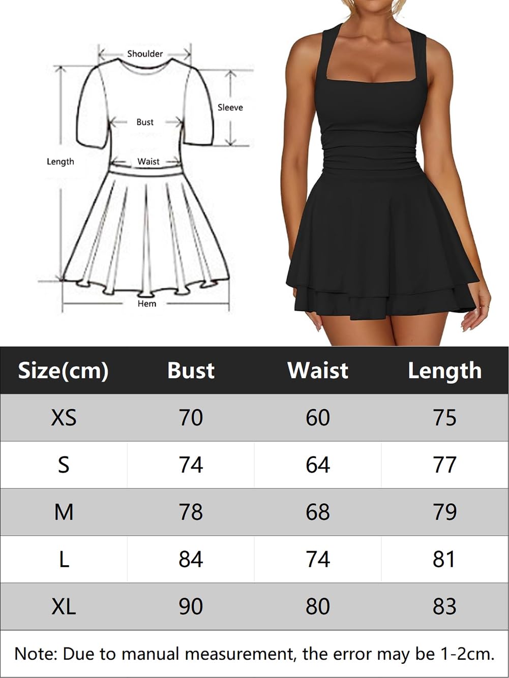 Robe Femme Sexy sans Manches Col Carré Robes Courte d'Été Élégante Dos Nu Mini Robe Moulante de Soirée Décontractée Bodycon Robes à Double Couche Volants pour Cocktail Fête Clubbing