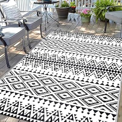 Waterproof Outdoor Rug 5x8ft, Bohemia Reversible Plastic Straw Mat for Patio RV Deck Porch Backyard Balcony Camping Picnic Beach Indoor Outdoor Carpet, Black&White