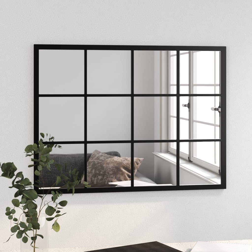 Wandspiegel Schwarz Metall 80x60 cm mit Vier Befestigungshaken, platzsparend für Flur Bad Schlafzimmer, Klassische Deko, vielseitig für Kosmetik Rasur Makeup Schmink