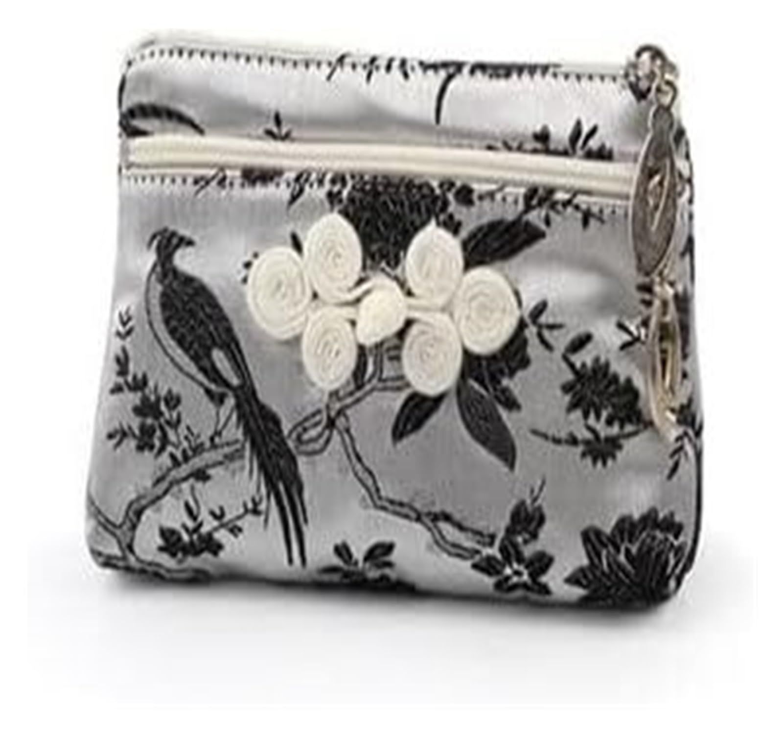 Lot de 2 pochettes en soie brocart avec fermeture éclair pour bracelets, colliers, sacs d'emballage de voyage (gris, motif aléatoire)