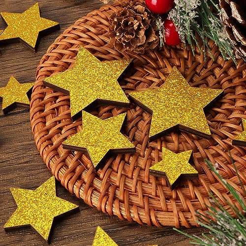 GEBETTER 36Pcs Confetis Estrellas Doradas Madera 4cm 3cm 2cm Purpurinas Doble Cara Decoración Navidad Mesa Adorno Nochevieja Cena Comedor Fiesta Boda Cumpleaños Manualidades (5 Puntas Doradas)