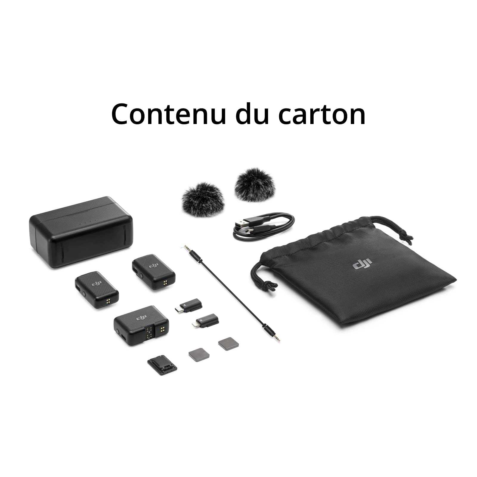 DJI Mic (2 TX + 1 RX + Boîtier recharge) - Compact et Portable micros Lavalier sans Fil à Enregistrement à Double Canal, Transmission à 250 mètres, 15 heures, Système pour Smartphones, caméras