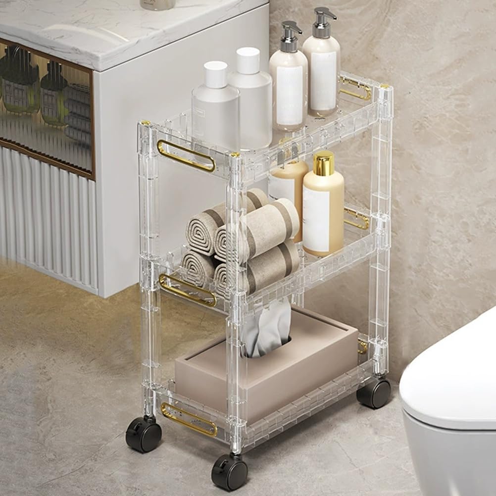 asdchZen Clear Acrylic 3-Tier Rolling Utility Cart - Mobile Bathroom & Kitchen Storage Trolley For Snacks Fruits & Vegetables Lightweight Nization Rack