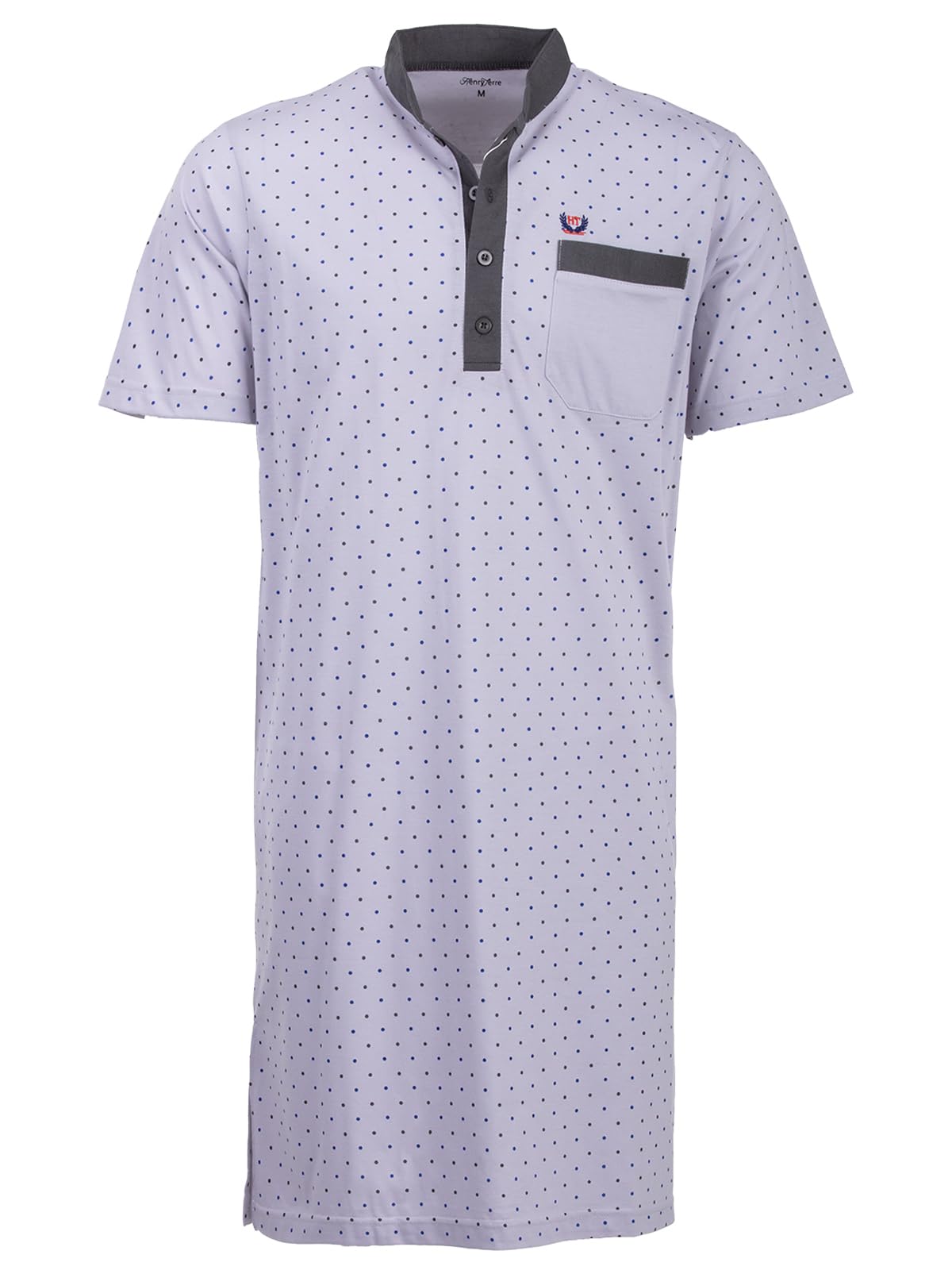 Henry Terre Men's Short-Sleeved Stand-Up Collar Nightdress with Dots, Chest Pocket, Button Placket, Size