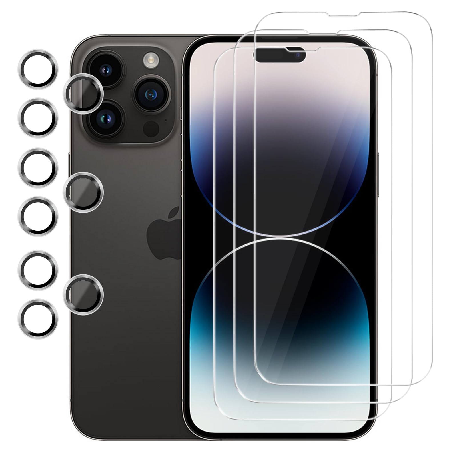 3 pack screen protector for iphone 14 pro with 3 pack camera lens protector, hd tempered glass, 9h hardness, full coverage, scratch-resistant, waterproof, bubble-free