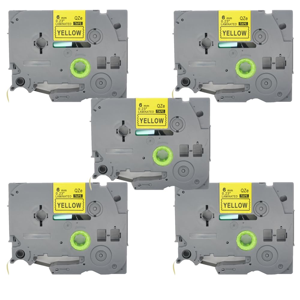 BROVACS 5 Pack Black on Yellow Laminated Label Tape Compatible for Brother P-Touch Label Printer TZ 611 TZe 611 6mm 1/4" OPA4611x5