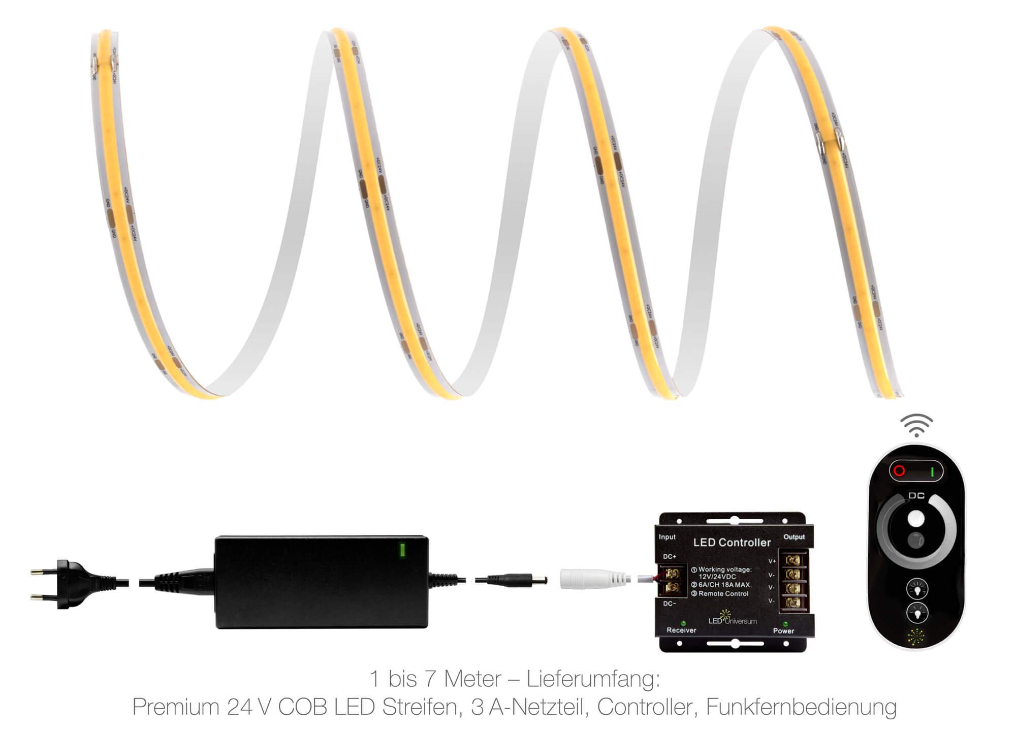 LED Universum - Tira COB LED de 4 m con Mando a Distancia, Controlador y Fuente de alimentación de 72 W, filamento prémium de 24 V, Tira LED IP20, luz Blanca cálida